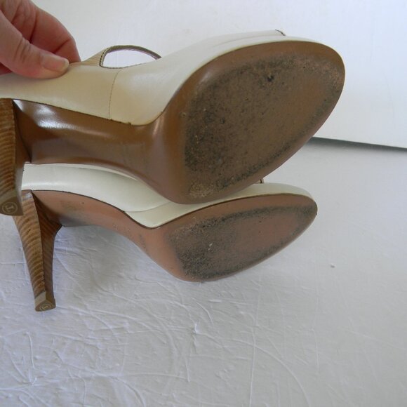 SERGIO ROSSI CREAM/IVORY LEATHER WOOD HEEL OPEN TOE MADE IN ITALY HEELS SZ 35.5 - Picture 6 of 8